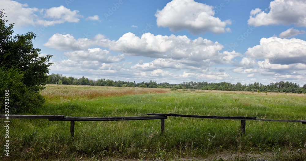 Wooden fence through fields. Beautiful summer rural landscape with trees and grass against the clouds sky