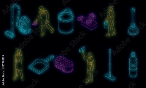 Cleaner equipment icons set. Isometric set of cleaner equipment vector icons neon color on black