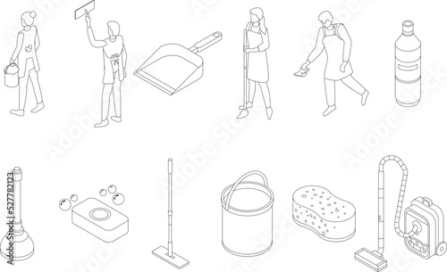 Cleaner equipment icons set. Isometric set of cleaner equipment vector icons outline thin lne isolated on white