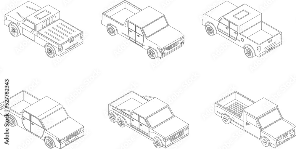 Pickup icons set. Isometric set of pickup vector icons outline thin lne isolated on white - obrazy, fototapety, plakaty 
