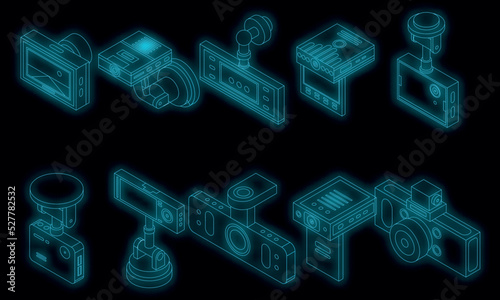 DVR icons set. Isometric set of DVR vector icons neon color on black