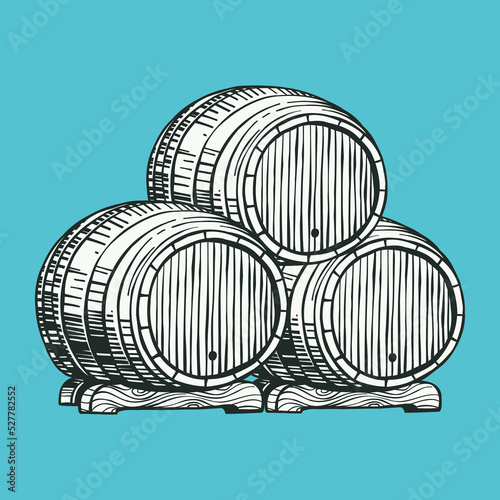 Three wood barrels, hand drawn engraving style illustration. Oktoberfest vector emblem.