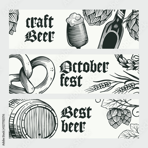 Oktoberfest vector banners set. Hand drawn wheat, hops, mug, barrel, and bottles engraving style illustration.