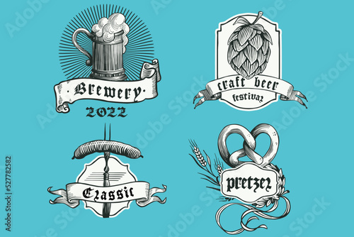 Vintage beer emblems, hand drawn engraving style illustration. Oktoberfest vector set.