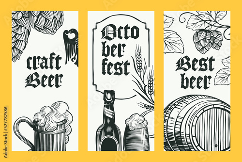 Oktoberfest vector banners set. Hand drawn wheat, hops, mug, barrel, and bottles engraving style illustration.