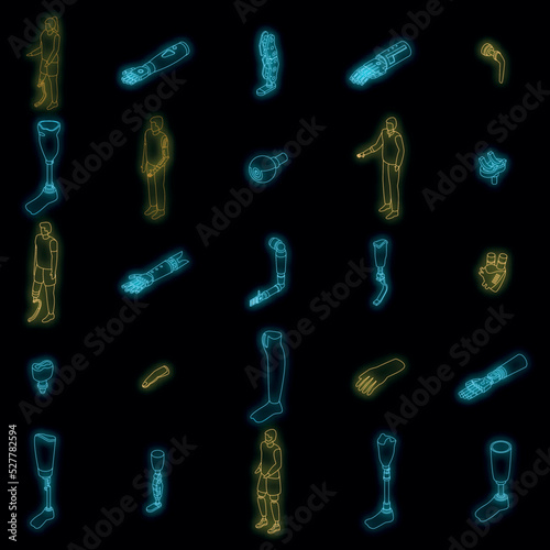 Artificial limbs icons set. Isometric set of artificial limbs vector icons neon color on black