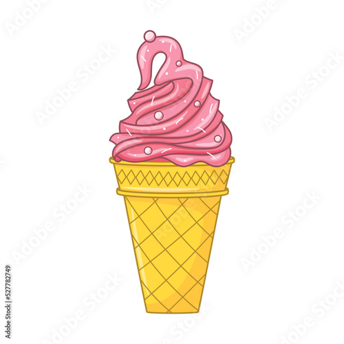 Pink ice cream in a waffle cone with icing. Bright summer sweet food. Delicious frozen dessert. Vector colored doodle Hand drawn illustration isolated on white. Cartoon style