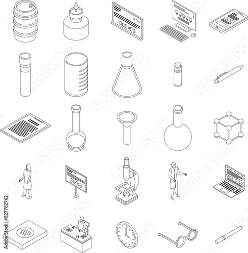 Chemical laboratory experiment icons set. Isometric set of chemical laboratory experiment vector icons outline thin lne isolated on white