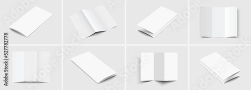 Realistic set mockup booklet / brochure: 8 pc mockup. Blank close cover booklet / brochure and blank open booklet / brochure with realistic shadows isolated on light background. Vector illustration