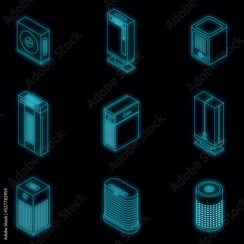 Air purifier icons set. Isometric set of air purifier vector icons neon color on black