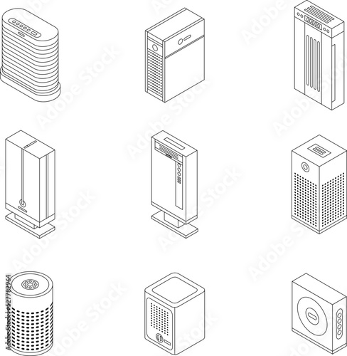 Air purifier icons set. Isometric set of air purifier vector icons outline thin lne isolated on white
