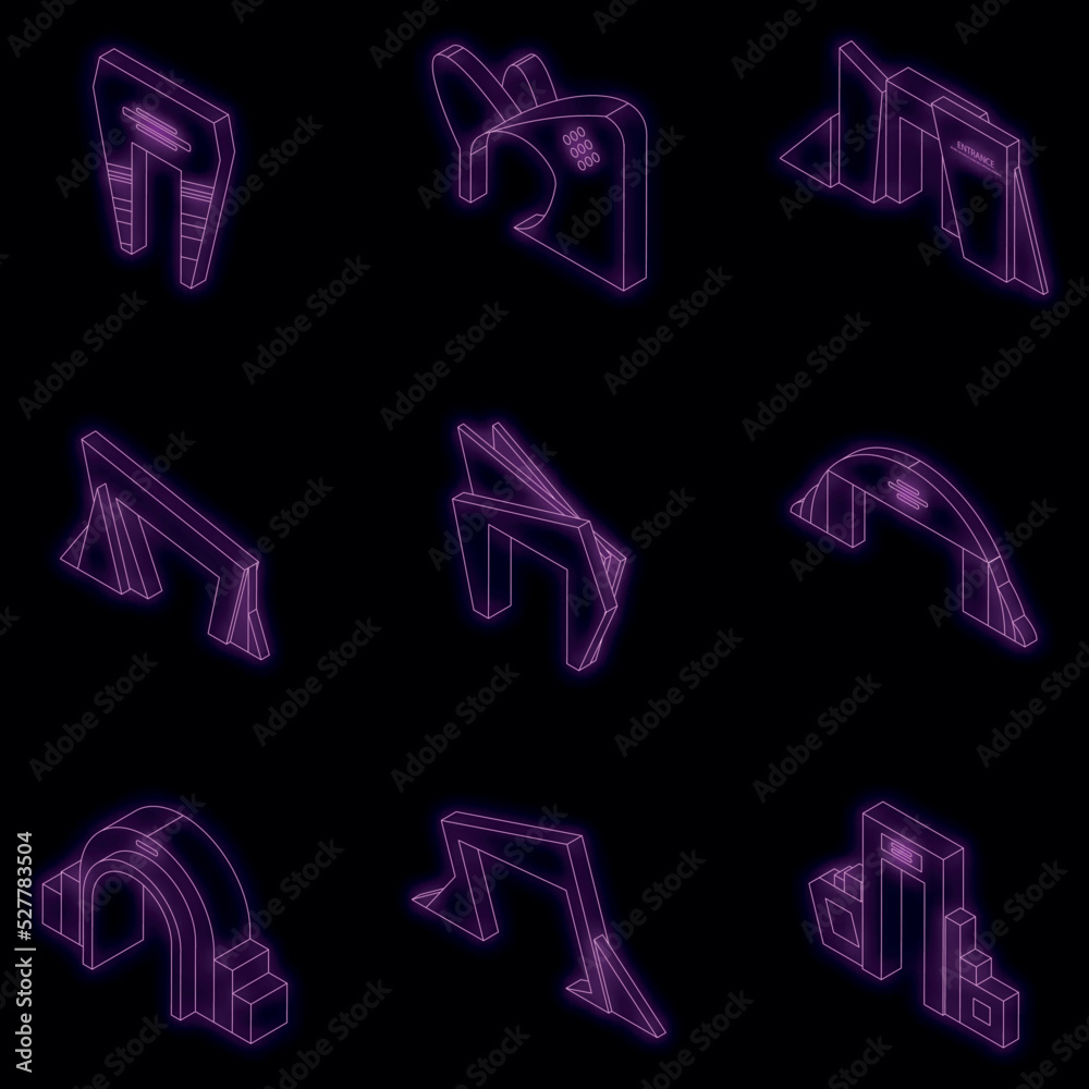 Entrance arch icons set. Isometric set of entrance arch vector icons neon color on black