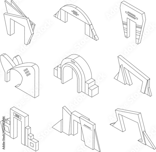 Entrance arch icons set. Isometric set of entrance arch vector icons outline thin lne isolated on white