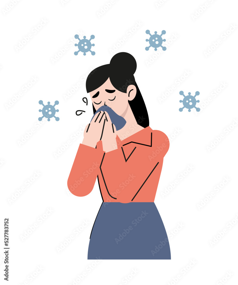 Woman sick and sad with sneezing on nose and cold cough on tissue paper because influenza and weak or virus bacteria.  Flat vector illustration isolated on white background