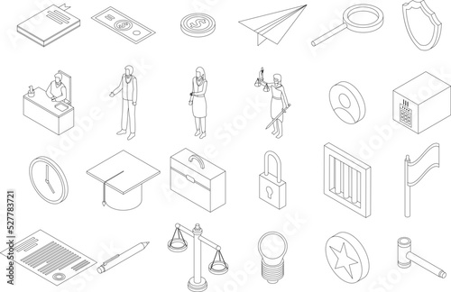 Justice icons set. Isometric set of justice vector icons outline thin lne isolated on white