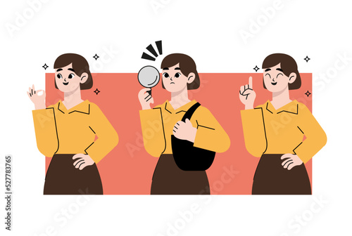 A set of various poses of woman who are looking for something and idea. Flat vector illustration isolated on white background