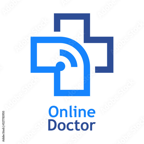 Telemedicina. Logo de médico en línea. Atención médica remota. Silueta de cruz medicina con olas aislada