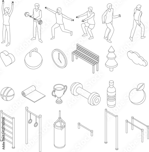 Outdoor fitness icons set. Isometric set of outdoor fitness vector icons outline thin lne isolated on white