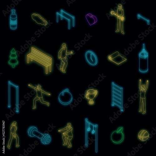 Outdoor fitness icons set. Isometric set of outdoor fitness vector icons neon color on black