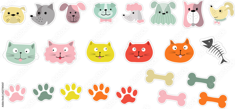 Obraz premium A set of stickers with muzzles of animals - cats and dogs, paws and bones. Vector illustration for diaries, notebooks, albums, scrapbooking, holiday decorations and gifts.