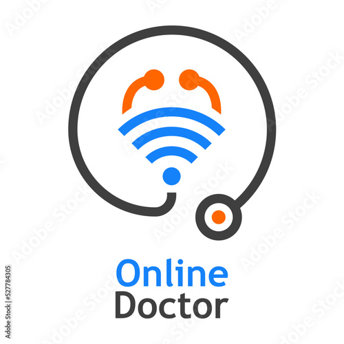 Telemedicina. Logo de médico en línea. Atención médica remota. Silueta de estetoscopio con olas aislada