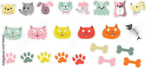 A set of stickers with muzzles of animals - cats and dogs, paws and bones. Vector illustration for diaries, notebooks, albums, scrapbooking, holiday decorations and gifts.