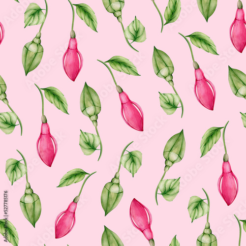 Pink Watercolor Fuchsia Buds Seamless Pattern isolated on Pink Background. Watercolour Tropical Floral Digital Paper.Perfect for Fabric Printing, Wrapping Paper, Wedding Invitations, Greeting Cards