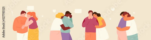 People comforting their friends. Love and care, psychological support, empathy and hugs. Vector illustration