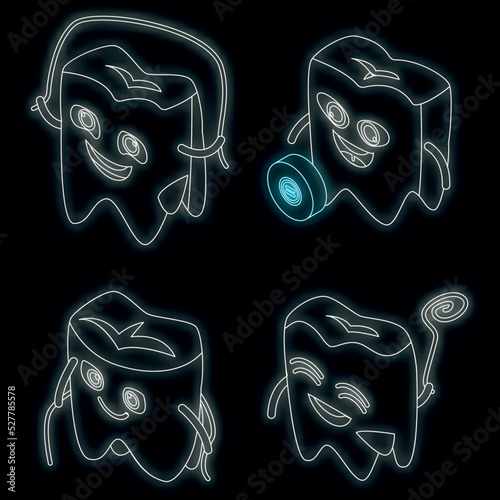 Floss icons set. Isometric set of floss vector icons neon color on black