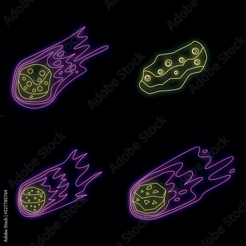 Meteorite icons set. Isometric set of meteorite vector icons neon color on black