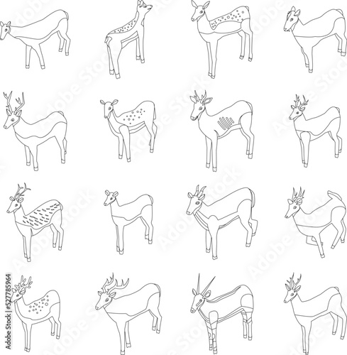 Deer icons set. Isometric set of deer vector icons outline thin lne isolated on white
