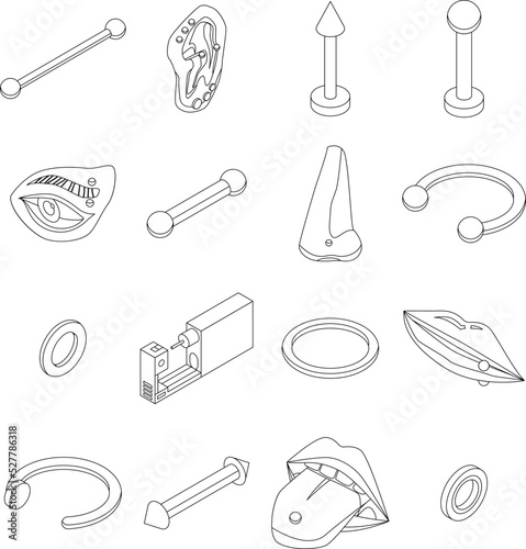 Piercing icons set. Isometric set of piercing vector icons outline thin lne isolated on white