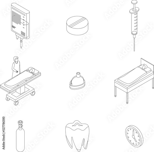 Anesthesia icons set. Isometric set of anesthesia vector icons outline thin lne isolated on white photo