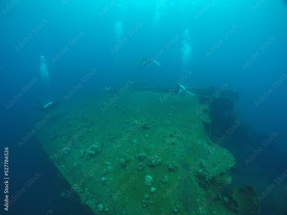 Diving on the ship wrecks of the Palau archipelago. These ship wrecks were from Japanese Navy at WW2.