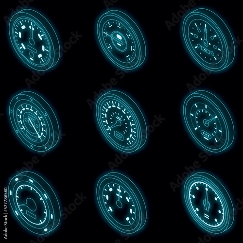 Speedometer icons set. Isometric set of speedometer vector icons neon color on black