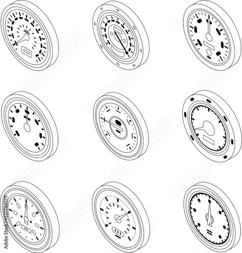 Speedometer icons set. Isometric set of speedometer vector icons outline thin lne isolated on white