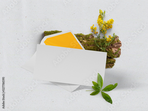 Invitation card on a branch with flowers, illustration, 3d rendering photo