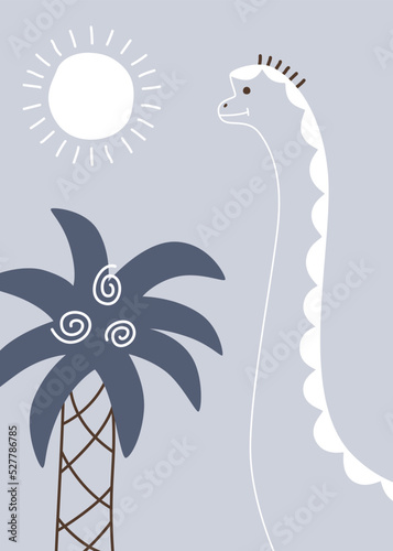 Childish blue poster in the playroom with a white big dinosaur next to a palm tree under the sun. Vector illustration on a friends birthday card.