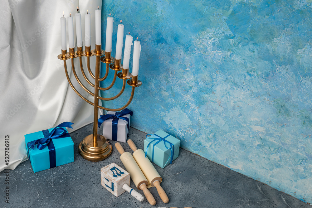 Jewish Hanukkah Menorah 9 Branch Candlestick, gift boxes, dreidel