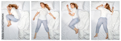 Various poses of a sleeping woman. Female side sleeper fetal position, on the back, on her side, face down on stomach in bed. Deep restful sleep. Girl lying in a nightie pajamas on white bed linen photo