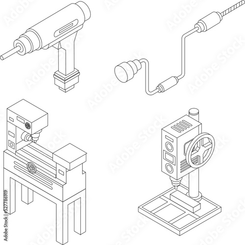 Drilling machine icons set. Isometric set of drilling machine vector icons outline thin lne isolated on white