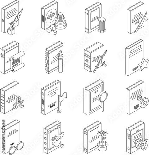 Literary genres icons set. Isometric set of literary genres vector icons outline thin lne isolated on white