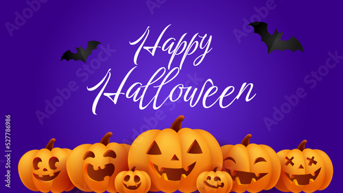 Happy Halloween purple banner, template or party invitation background with jack o lantern carving face cute pumpkins and bats. 3d vector illustration realistic pumpkin wallpaper. 