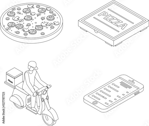 Pizza delivery icons set. Isometric set of pizza delivery vector icons outline thin lne isolated on white