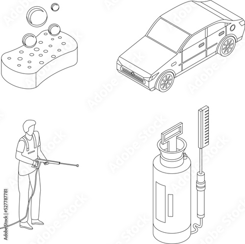 Car wash icons set. Isometric set of car wash vector icons outline thin lne isolated on white