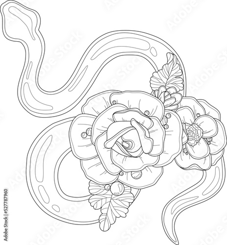 Cartoon snake and rose flowers graphic template sketch. Vector illustration in black and white for games, background, pattern, wallpaper, decor. Coloring paper, page, story book. Print for fabrics 