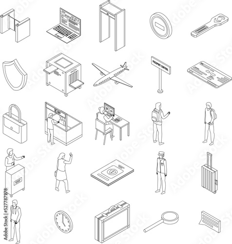 Passport control icons set. Isometric set of passport control vector icons outline thin lne isolated on white
