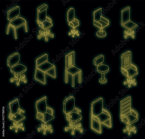 Desk chair icons set. Isometric set of desk chair vector icons neon color on black