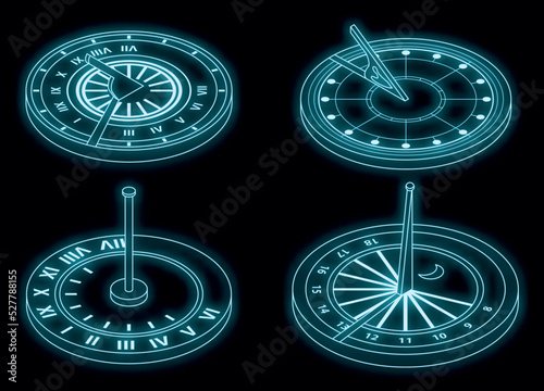 Sundial icons set. Isometric set of sundial vector icons neon color on black