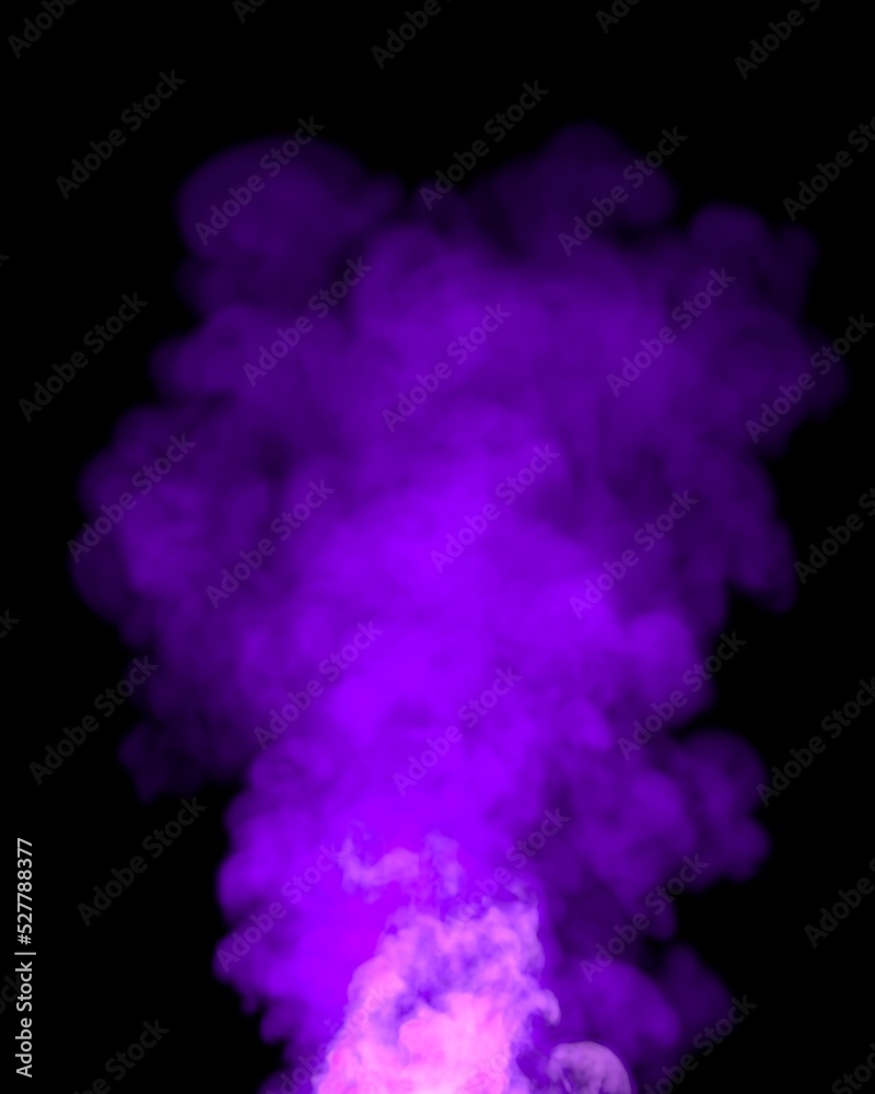 Purple smoke on a black background. Purple smoke background. Colored steam.  Poisonous vapors. Clean air, science concept. 3D render. Stock Illustration